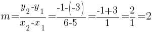   m= {y_2-y_1} / {x_2-x_1} ={-1-(-3)}/{6-5}={-1+3}/{1} =2/1=2